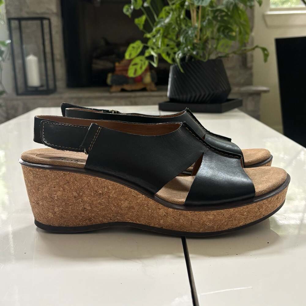Clarks Collection Women's Black Leather Cork Wedge Sandals Size 9